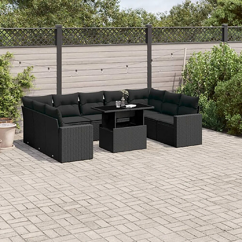 vidaXL Salon de jardin 10 pcs avec coussins noir résine tressée