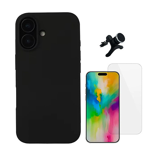 Kit Verre Trempé Clearglass + Housse Silicone Liquide + Support De Voiture Magnétique Phonecare Compatible avec Apple iPhone 16 - Noir