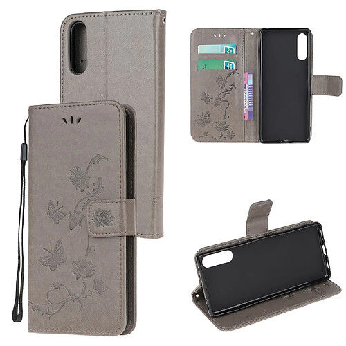 Etui en PU empreinte papillon fleur flip avec support gris pour votre Sony Xperia L4