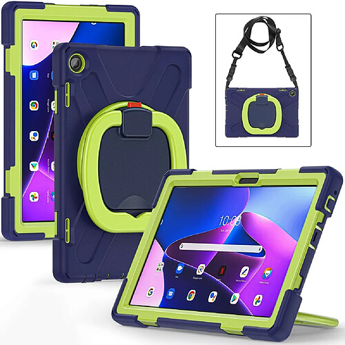 Coque en silicone anti-chute avec béquille rotative et bandoulière pour votre Lenovo Tab M10 (Gen 3) TB-328FU/TB-328XU - Bleu marine/vert jaune