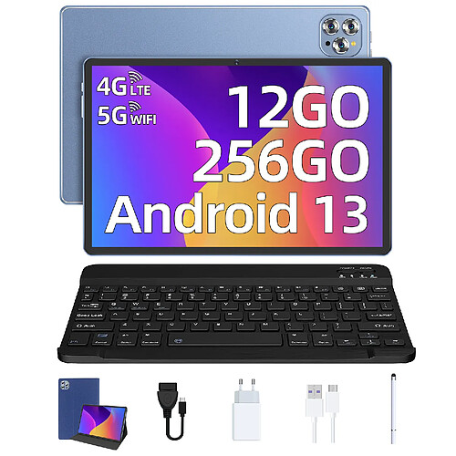 VANWIN Tablette Android 13, 4G LTE+ 5G WiFi 12Go RAM+256Go ROM/1 To TF Tablette Tactile 10,1 Pouces 7560mAh Batterie 1920*1200FHD+, Dual Caméra 8MP+13MP tablette avec clavier-Blue