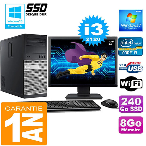 PC Tour DELL 7010 Core I3-2120 Ram 8Go Disque 240 Go SSD Wifi W7 Ecran 27" · Occasion