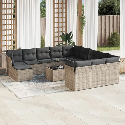 vidaXL Salon de jardin avec coussins 13 pcs gris résine tressée