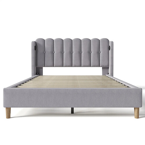 KOMHTOM Lit rembourré gris 140 x 200 cm lit double en lin avec fonction de chargement USB type C cadre de lit avec support à nouilles plat (avec matelas)