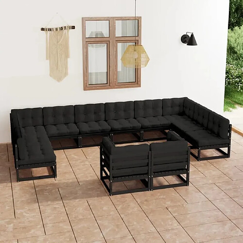 vidaXL Salon de jardin 12 pcs avec coussins Noir Bois de pin massif