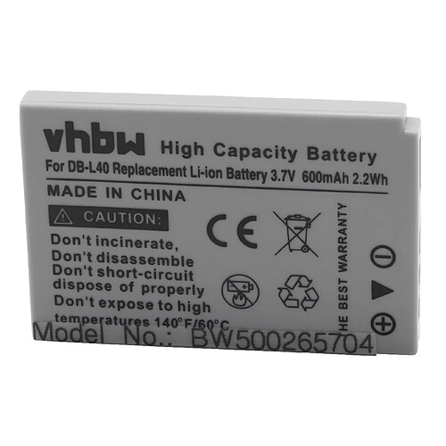 vhbw batterie remplacement pour Sanyo DB-L40, DB-L40AU pour caméra vidéo (600mAh, 3,7V, Li-ion)