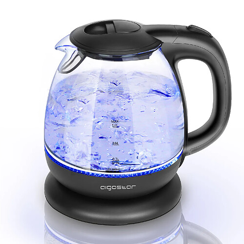 Aigostar Elfin - Bouilloire compacte de 1L et 2200W. Mini bouilloire en verre borosilicaté avec illumination LED bleue. Arrêt automatique et protection contre l’ébullition à vide, sans BPA.