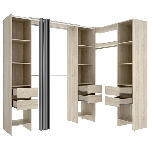 Pegane Kit armoire dressing d'angle extensible en bois mélaminé chêne naturel - Longueur 164-234 x Profondeur 141 x Hauteur 205 cm