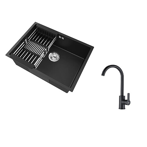 Auralum Max Évier Cuisine 1 Bac 60*44*20CM,inox 304,à Encastrer/sous-plan avec Panier Drainage,Noir+Mitigeur Cuisine Pivotant à 360°,Noir