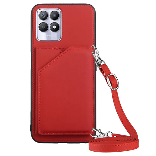 Coque en TPU + PU anti-griffes avec béquille, porte-cartes et bandoulière, rouge pour votre Realme 8i