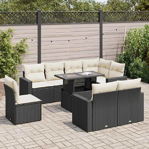 vidaXL Salon de jardin 9 pcs avec coussins noir résine tressée