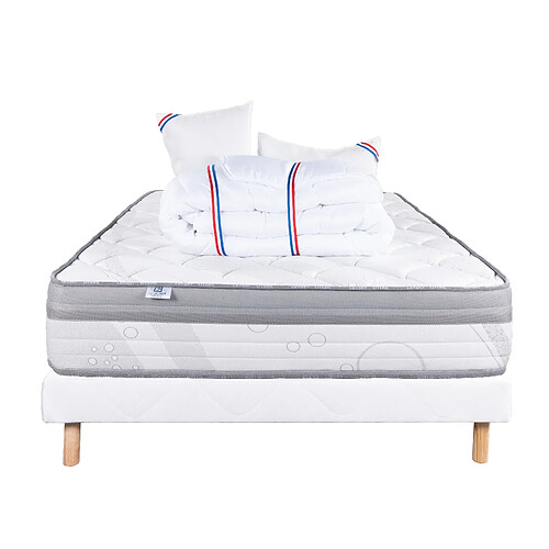 LUXURY LITERIE Ensemble matelas ViscoPlus 140x200 cm + sommier blanc ep 13cm + 2 oreillers + couette