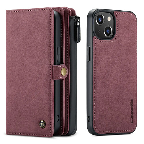 Caseme Etui en PU + TPU Surface mate multi-fentes amovible 2 en 1 rouge vin pour votre Apple iPhone 13 6.1 pouces