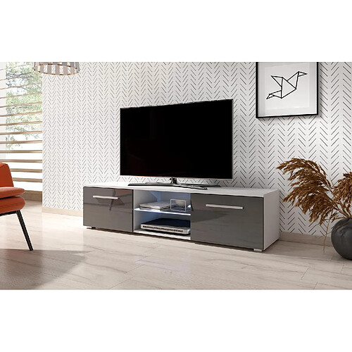 VIVALDI Meuble TV - MOON - 140 cm - blanc mat / gris brillant +LED - style moderne