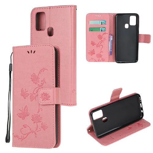 Etui en PU empreinte fleur de papillon avec sangle rose pour votre Samsung Galaxy A21s