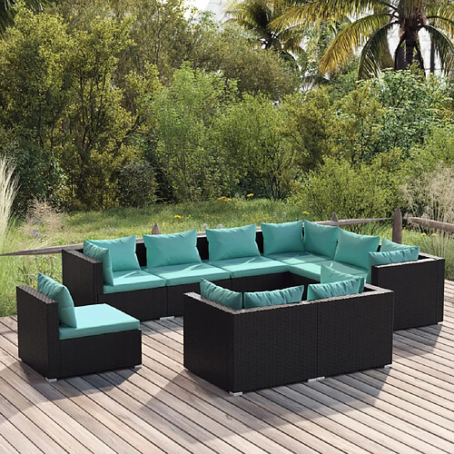 vidaXL Salon de jardin 9 pcs avec coussins Résine tressée Noir