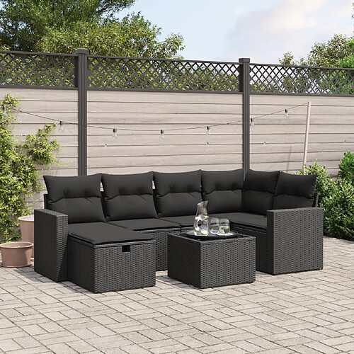 vidaXL Salon de jardin 7 pcs avec coussins noir résine tressée