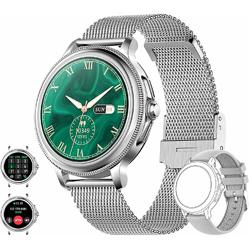 Vendos85 Montre Connectée Femme avec Appel Bluetooth Assistant Vocal, écran HD rond 1,2'' argent