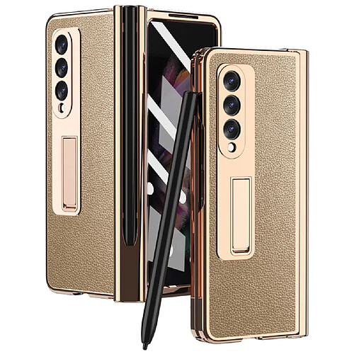 Coque en TPU + PU texture litchi avec béquille et porte-stylo or pour votre Samsung Galaxy Z Fold3 5G