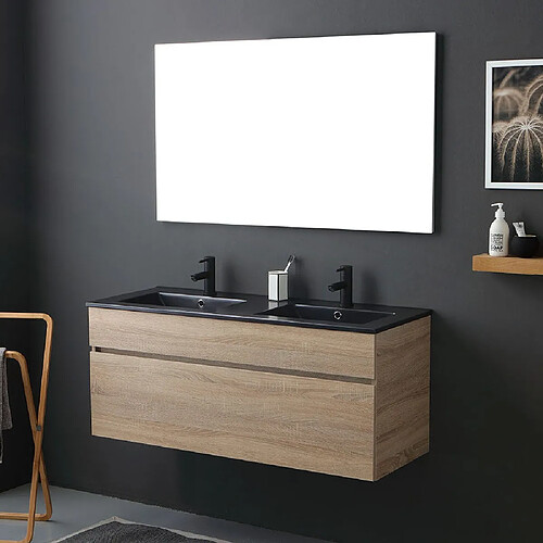 Kiamami Valentina MEUBLE DE SALLE DE BAIN 120CM EN CHÊNE WELL AVEC DOUBLE LAVABO EN NOIR MAT | SOLE