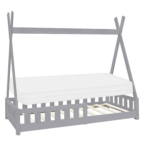 ML-Design Lit d'enfant Tipi + matelas lit avec protection antichutes en bois gris 80x160cm