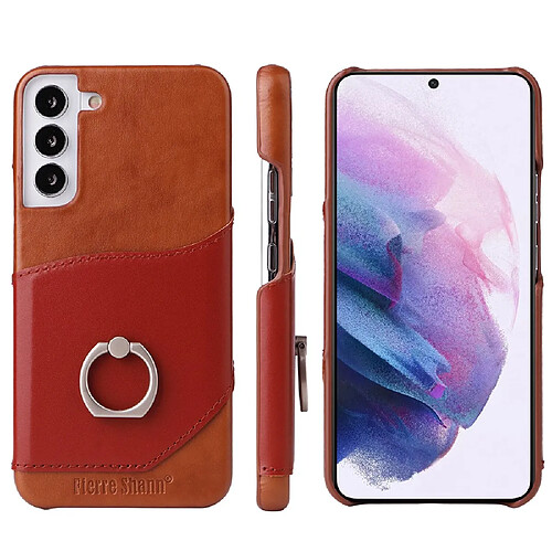 Coque en TPU + cuir véritable FIERRE SHANN avec béquille en anneau et porte-carte marron pour votre Samsung Galaxy S22 Plus 5G