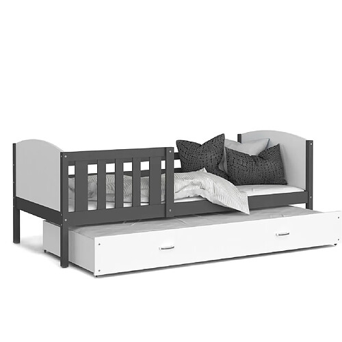 Kids Literie Lit Gigogne Tomy 90x190 Gris - blanc Livré avec sommiers, tiroir et matelas en mousse de 7cm