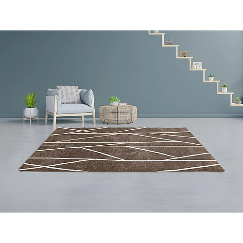 Vente-Unique Tapis shaggy berbère lignes asymétriques - 160 x 230 cm - Marron et blanc - BARDIO