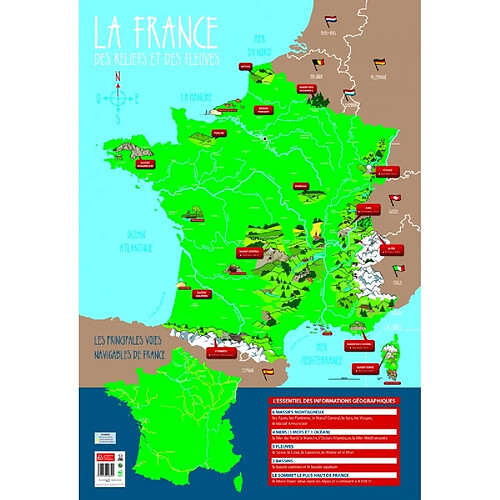 Poster reliefs et fleuves de France effaçable à sec - L 76 x l 52 cm