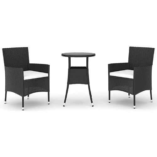 Maison Chic Ensemble de bistro 3 pcs coussins,Table + chaises + coussins de jardin noir poly rotin -GKD858247