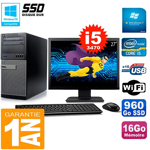 PC Tour DELL 7010 Ecran 27" Core I5-3470 RAM 16Go Disque 960 Go SSD Wifi W7 · Occasion