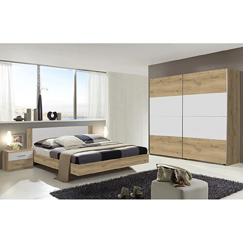 Pegane Chambre à coucher complète adulte (lit 180x200cm + 2 chevets + armoire) coloris imitation chêne poutre/blanc