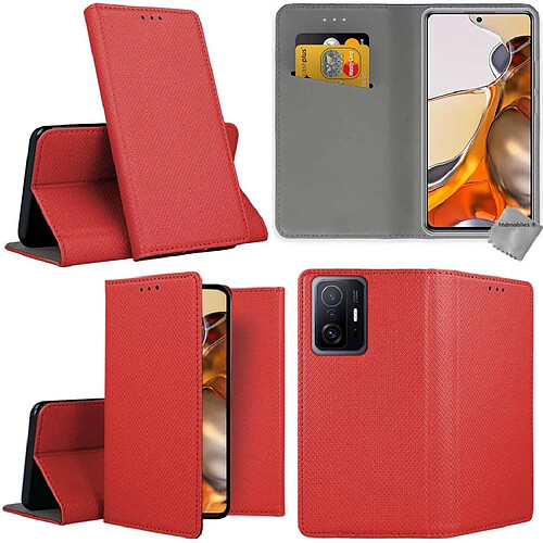 Htdmobiles Housse etui portefeuille avec coque intérieure en silicone pour Xiaomi 11T 5G / 11T Pro 5G + film ecran - ROUGE MAGNET