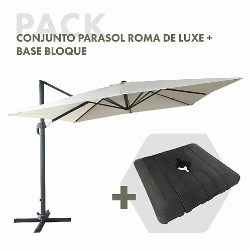 Ensemble Parasol Chillvert Roma de Luxe 300x400x280 cm en Aluminium Couleur Beige + Base Parasol 97,5x98x18,5 cm en Résine