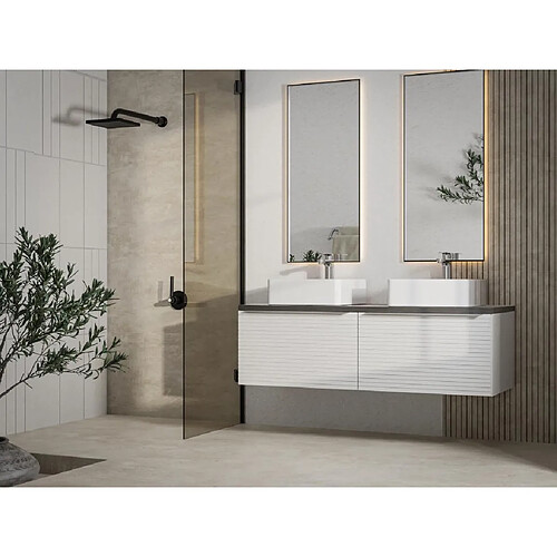 Vente-Unique Meuble de salle de bain suspendu strié blanc avec double vasque à poser - 120 cm - LATOMA