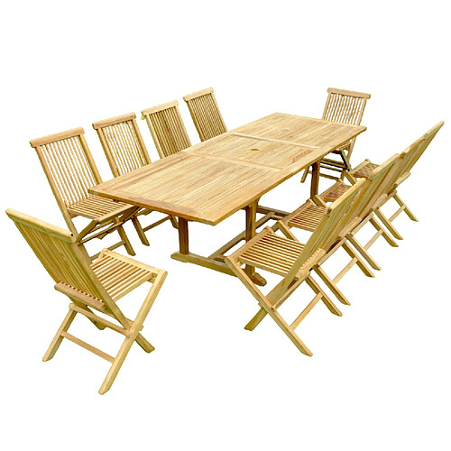 Concept Usine Salon de jardin Teck massif 10-12 personnes - Table rectangulaire + 10 chaises KAJANG