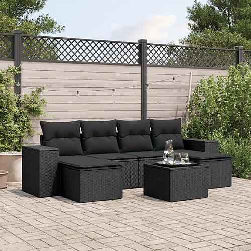 vidaXL Salon de jardin 7 pcs avec coussins noir résine tressée