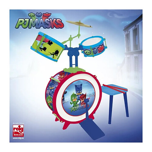 Reig PJMASKS Batterie avec tabouret (Grosse caisse, deux tambours, bongo et cymbale)