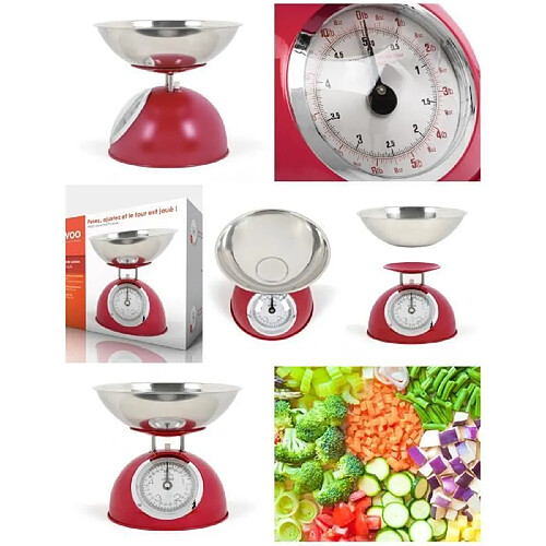 Livoo Balance de cuisine Avec bol en acier inoxydable de 1.8L Rouge design rétro