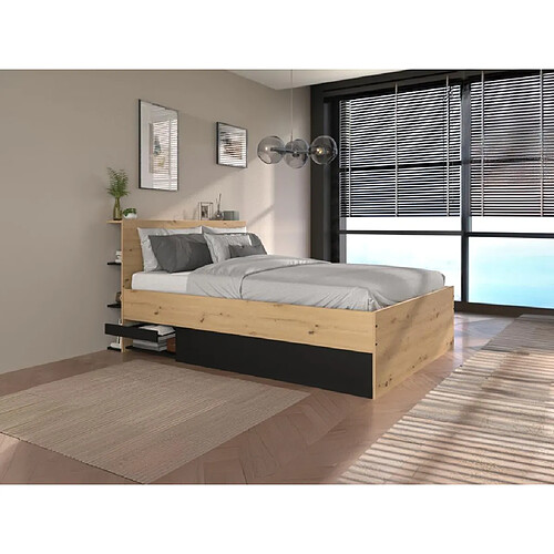 Vente-Unique Lit coffre 140 x 190 cm - Coloris : Naturel et noir + Matelas - RADANI