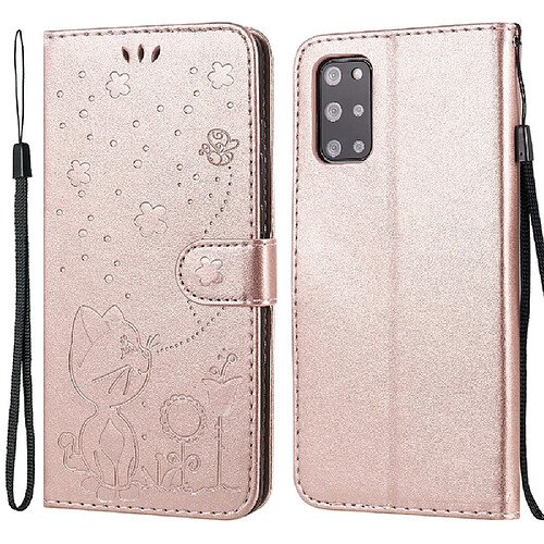 Etui en PU + TPU motif chat et abeille avec support or rose pour votre Samsung Galaxy S20 Plus 4G/5G