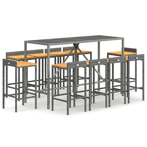 Maison Chic Table de bar et chaises d'extérieur 11 pcs,Ensemble de bar de jardin pour relax gris poly rotin/bois massif acacia -GKD493425