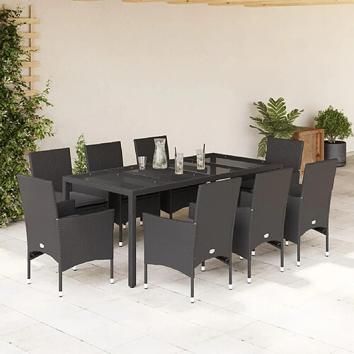 vidaXL Ensemble à manger de jardin et coussins 9 pcs noir rotin verre