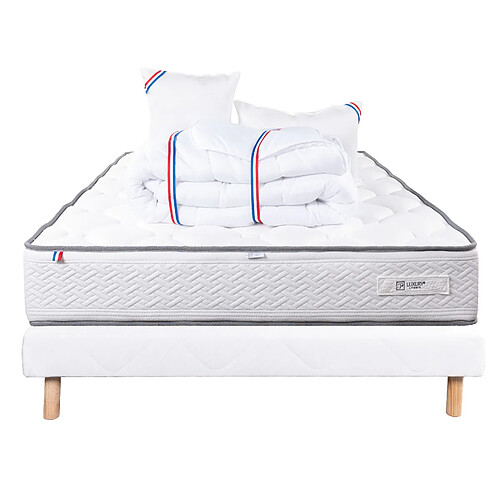 LUXURY LITERIE Ensemble matelas Iris 140x200 cm + sommier blanc ep 13cm + 2 oreillers + couette