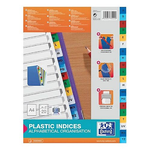 Intercalaire alphabétique A4 Elba plastique 20 onglets multicolores - 1 jeu