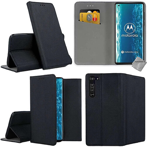 Htdmobiles Housse etui portefeuille avec coque intérieure en silicone pour Motorola Edge + verre trempe - NOIR MAGNET