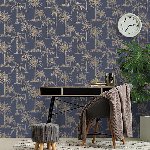 DUTCH WALLCOVERINGS Papier peint Arbres tropicaux Bleu et argenté