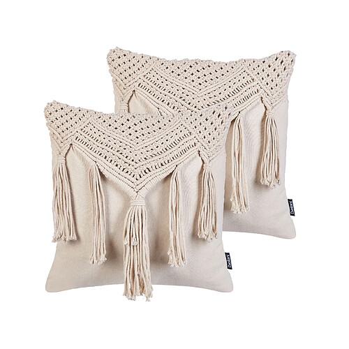 Beliani Lot de 2 coussins BEDADI Coton 45 x 45 cm Géométrique Macramé Beige clair