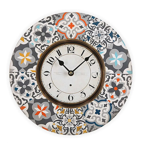 Versa HORLOGE murale neuve BOIS 30cm design imitation CARREAU de CIMENT cuisine décoration Alfama