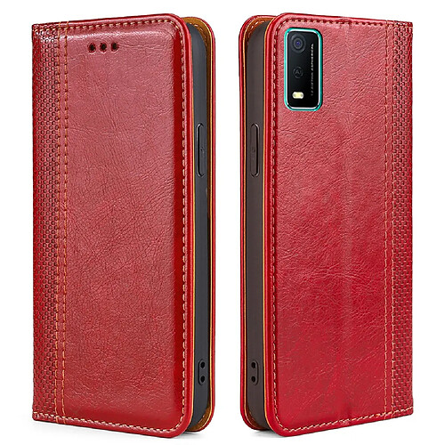 Coque en TPU + PU motif écossais, fermeture automatique magnétique avec support et porte-carte, rouge pour votre Vivo Y3s (2021)